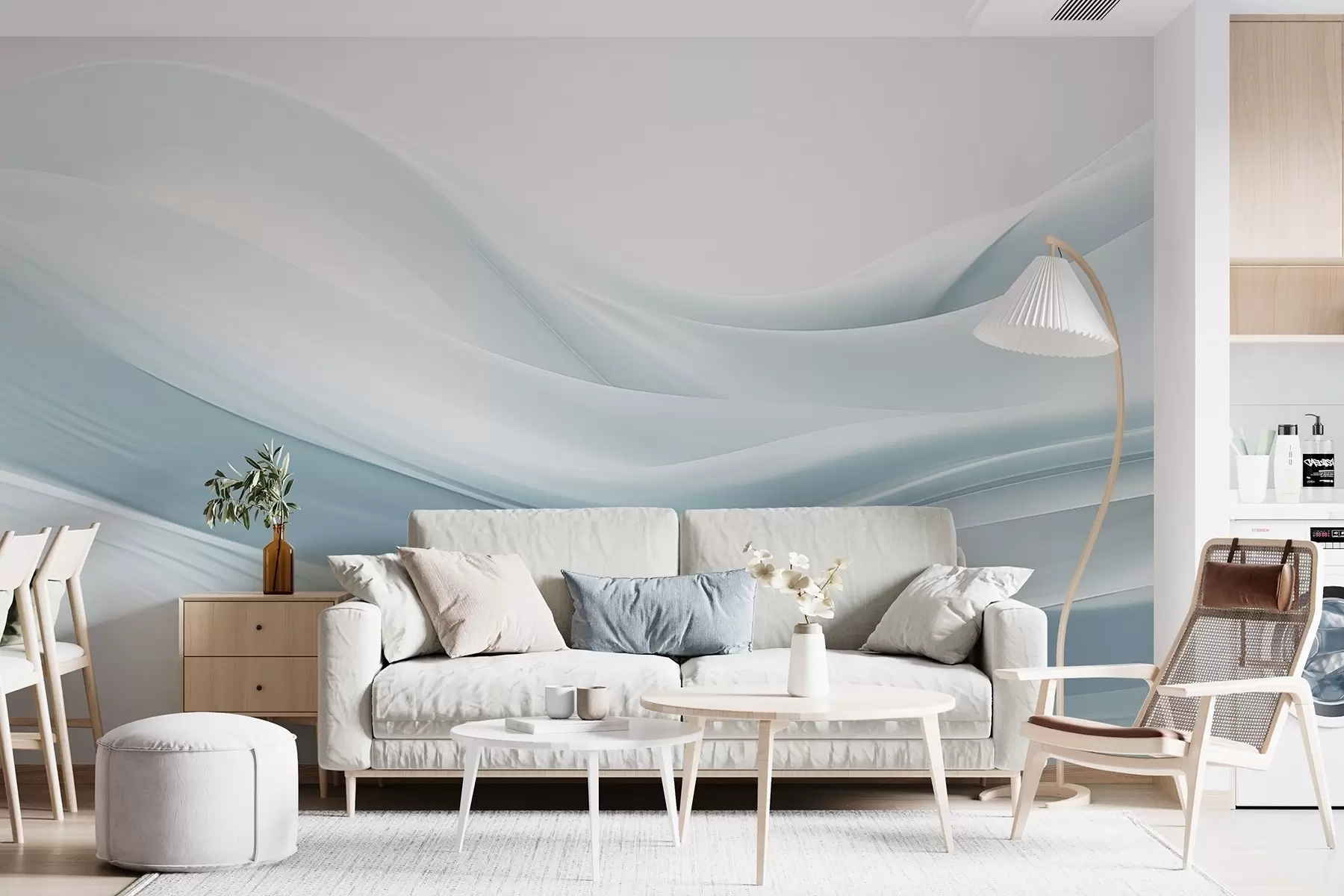wall murals Плави таласи од тканине у минималистичком апстрактном стилу w09279v2