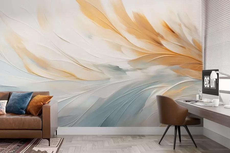 wall murals Апстрактно перје у меким плавим и наранџастим тоновима w09283