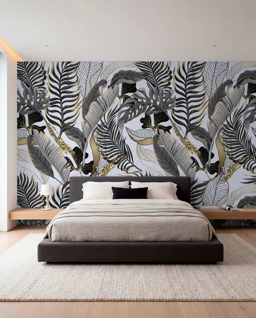 wall murals Тропско лишће сиво на белој позадини u71888