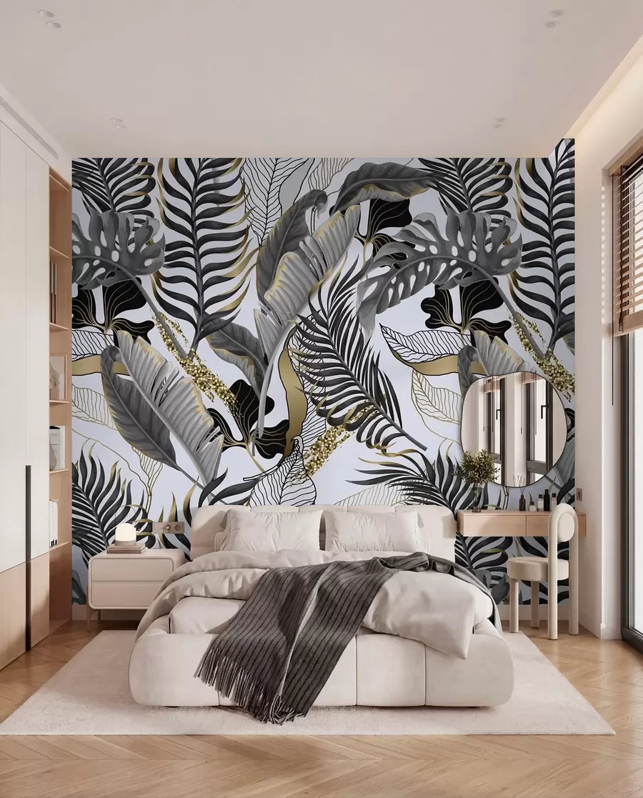 wall murals Тропско лишће сиво на белој позадини u71888
