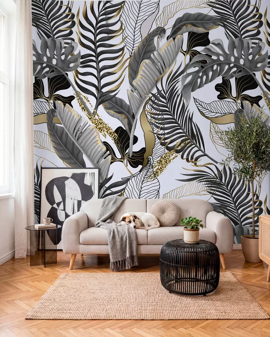 wall murals Тропско лишће сиво на белој позадини u71888