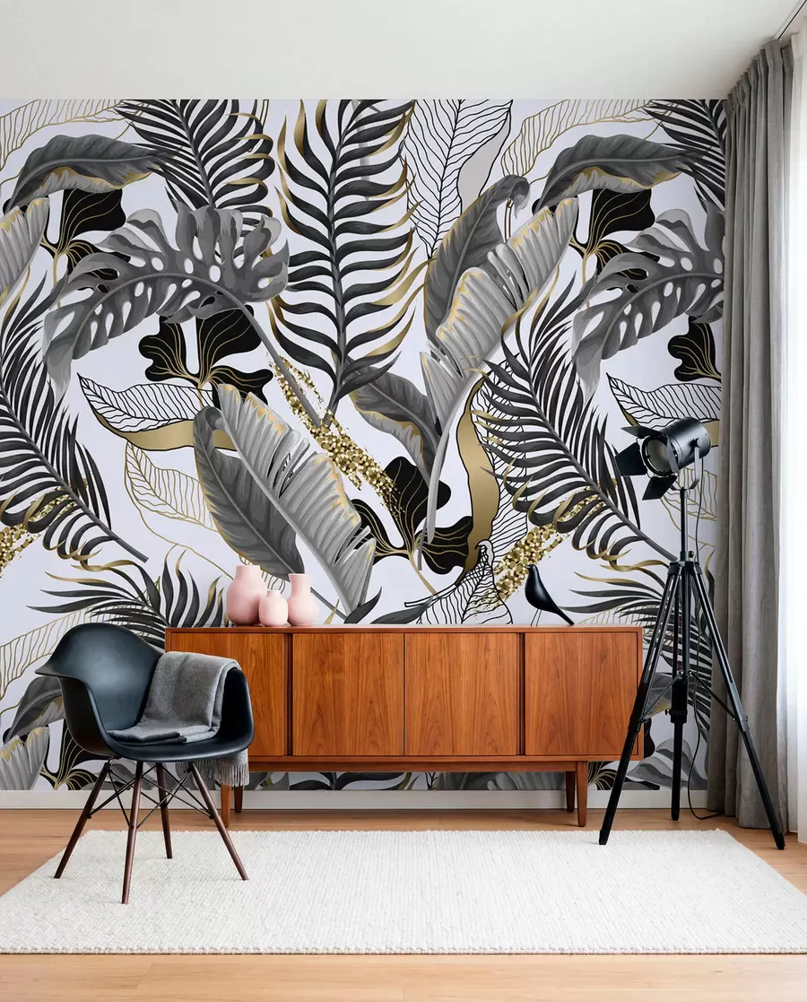 wall murals Тропско лишће сиво на белој позадини u71888