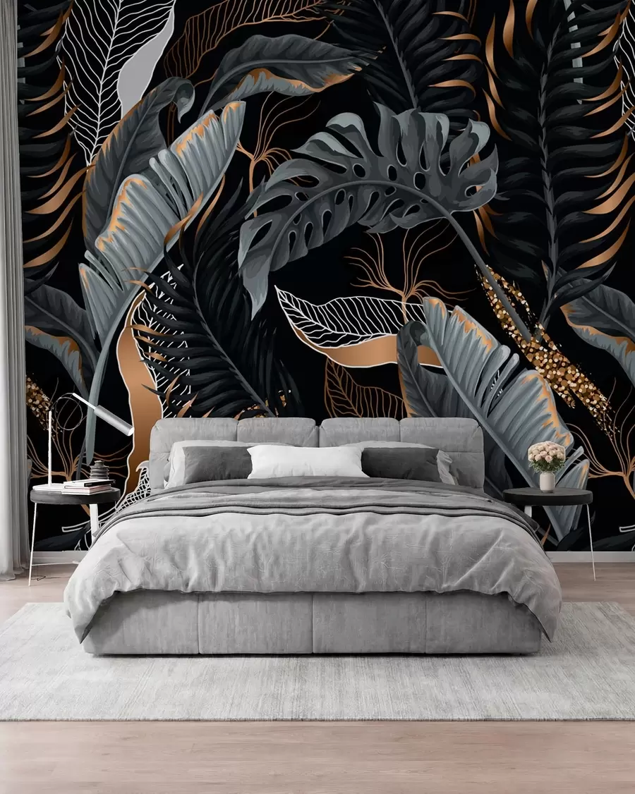 wall murals Тропско лишће на црној позадини u71889