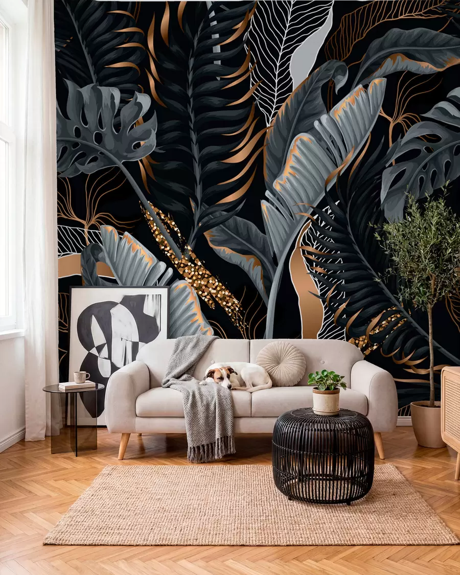 wall murals Тропско лишће на црној позадини u71889
