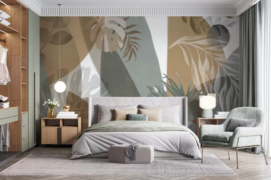 wall murals Листови монстере и палмино лишће у узорку са смеђим, белим и зеленим бојама, тропском атмосфером, апстрактним облицима, декоративним w09288
