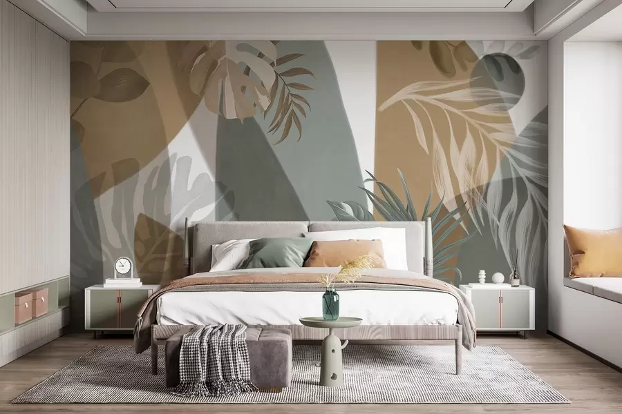 wall murals Листови монстере и палмино лишће у узорку са смеђим, белим и зеленим бојама, тропском атмосфером, апстрактним облицима, декоративним w09288