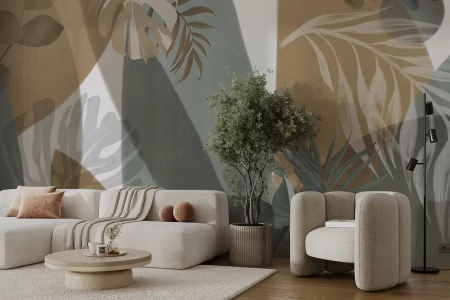 wall murals Листови монстере и палмино лишће у узорку са смеђим, белим и зеленим бојама, тропском атмосфером, апстрактним облицима, декоративним w09288