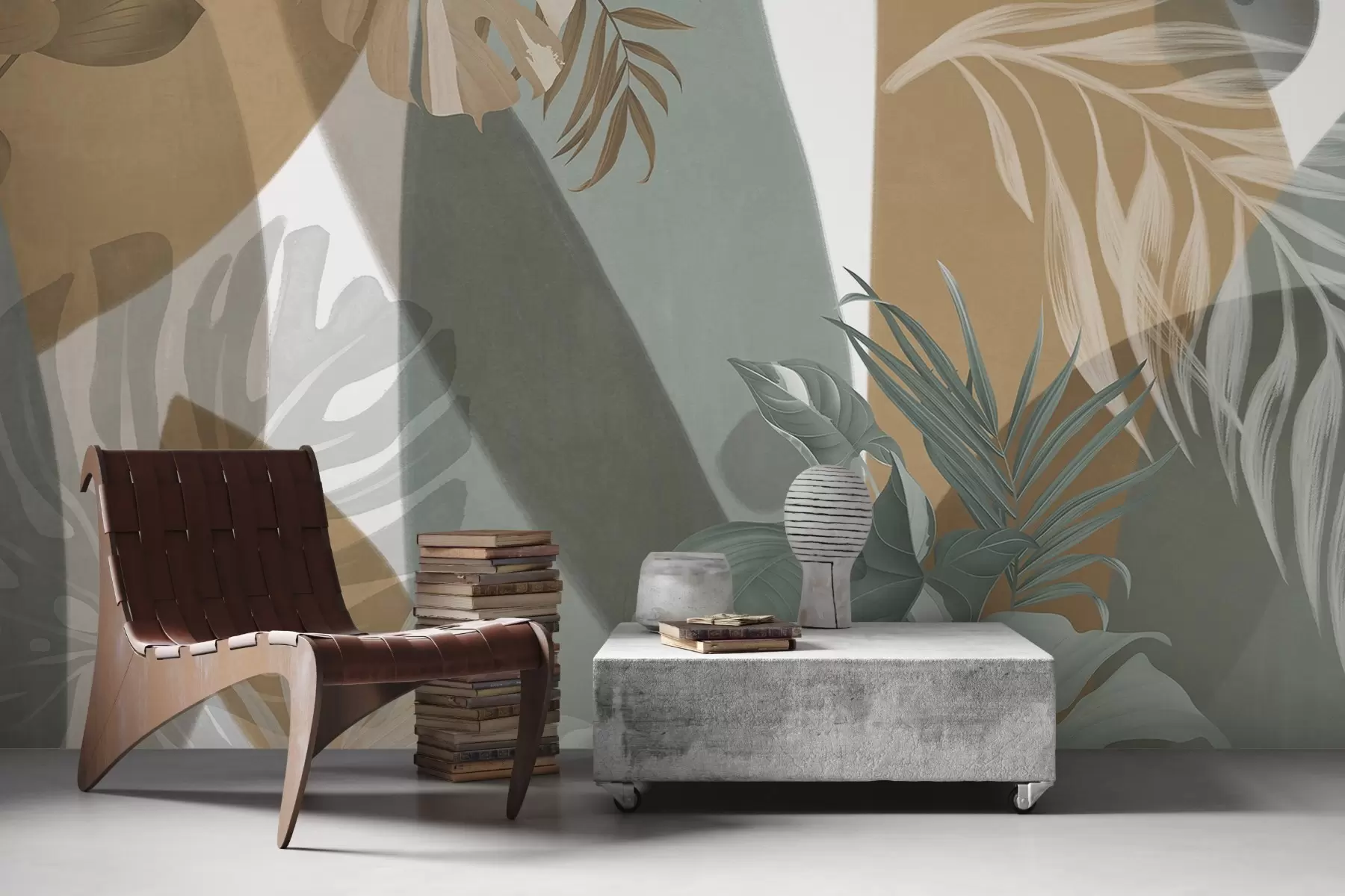 wall murals Листови монстере и палмино лишће у узорку са смеђим, белим и зеленим бојама, тропском атмосфером, апстрактним облицима, декоративним w09288