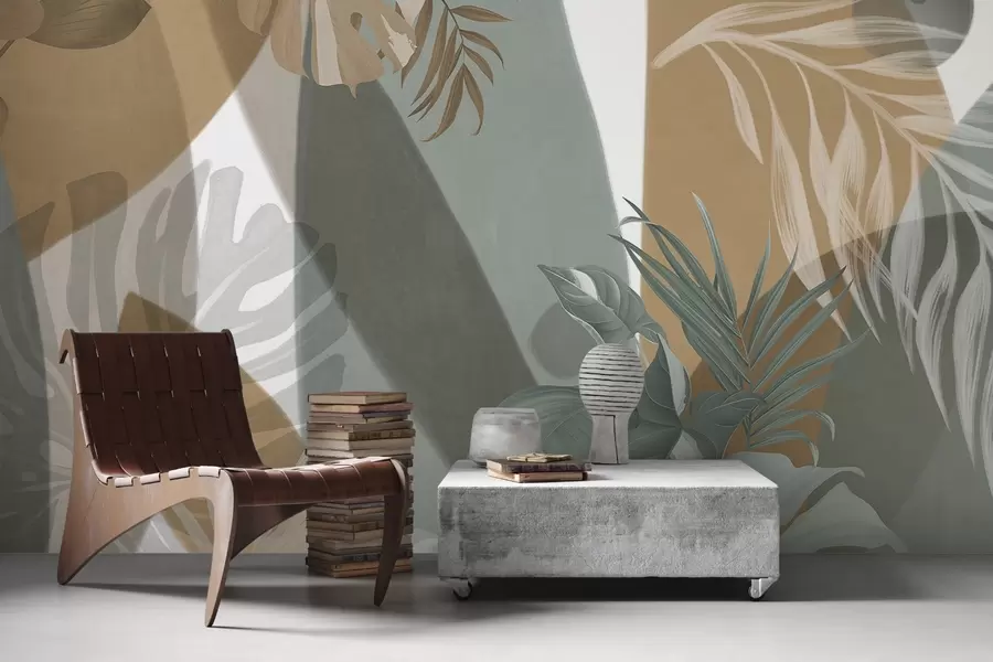 wall murals Листови монстере и палмино лишће у узорку са смеђим, белим и зеленим бојама, тропском атмосфером, апстрактним облицима, декоративним w09288