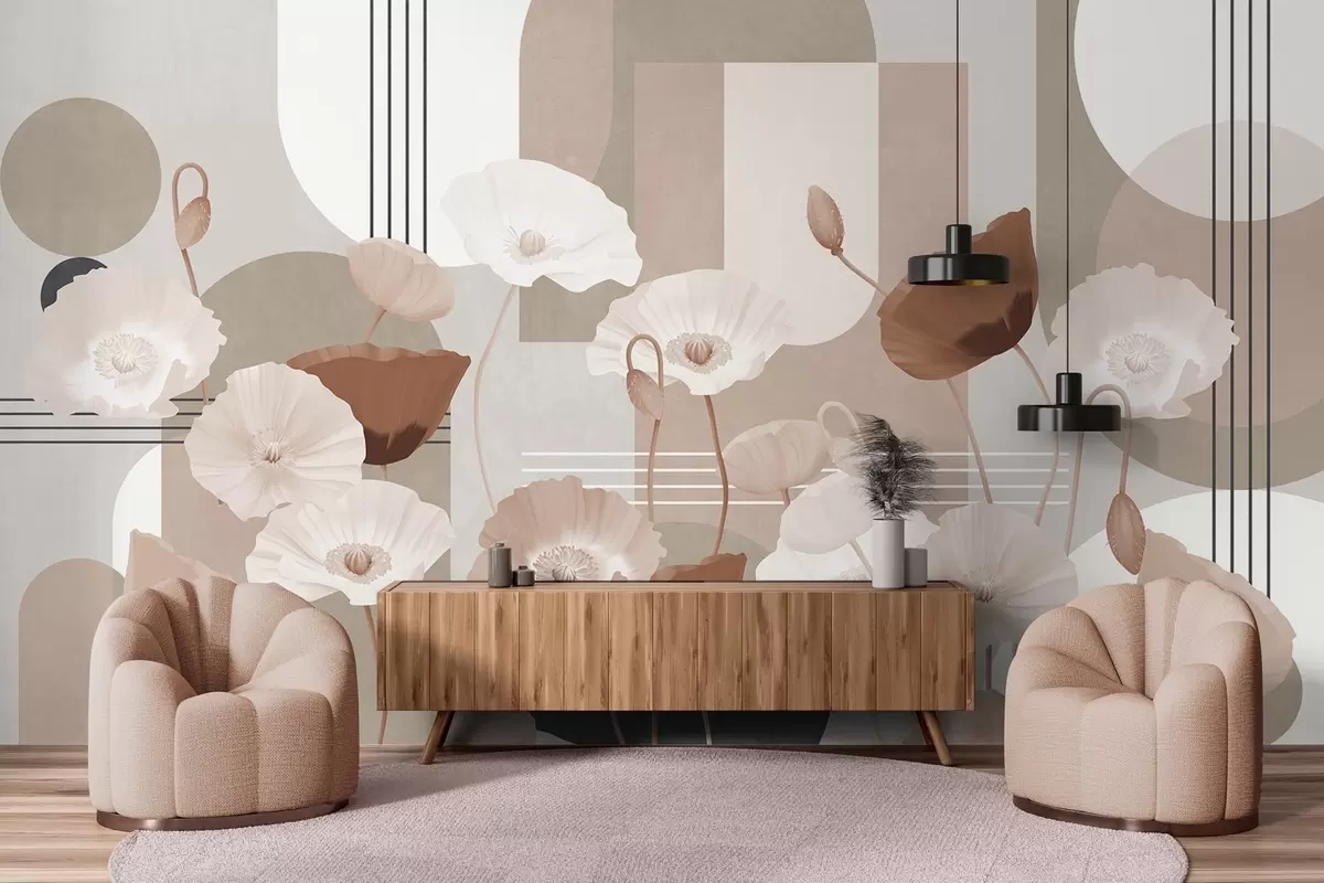 wall murals Макови у белој и беж боји са геометријским облицима у позадини, круговима и луковима, минималистички стил, меке боје w09289