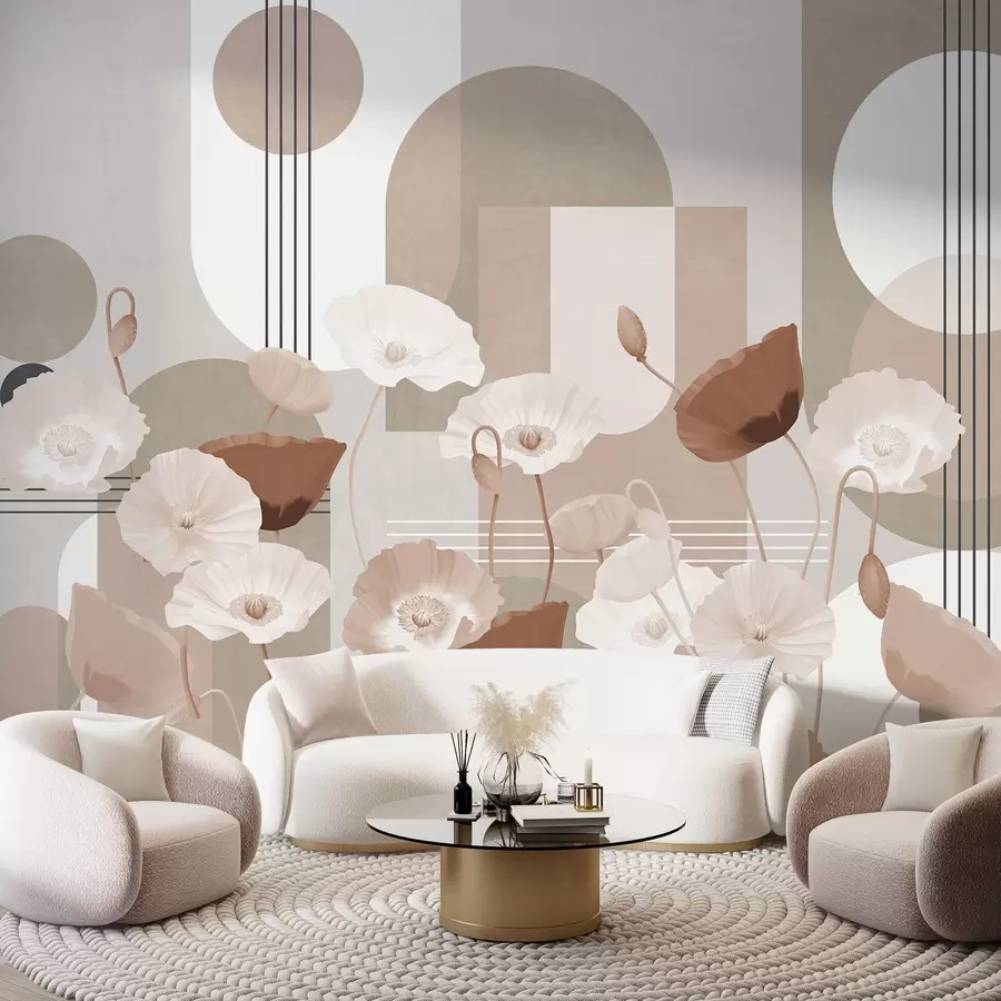 wall murals Макови у белој и беж боји са геометријским облицима у позадини, круговима и луковима, минималистички стил, меке боје w09289