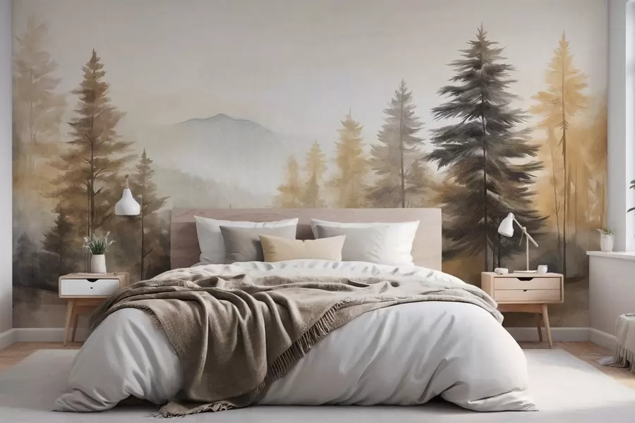 wall murals Текстурирана јесења шума са високим боровима и планинама у позадини, боје су пригушене и земљаног стила сликања w09290