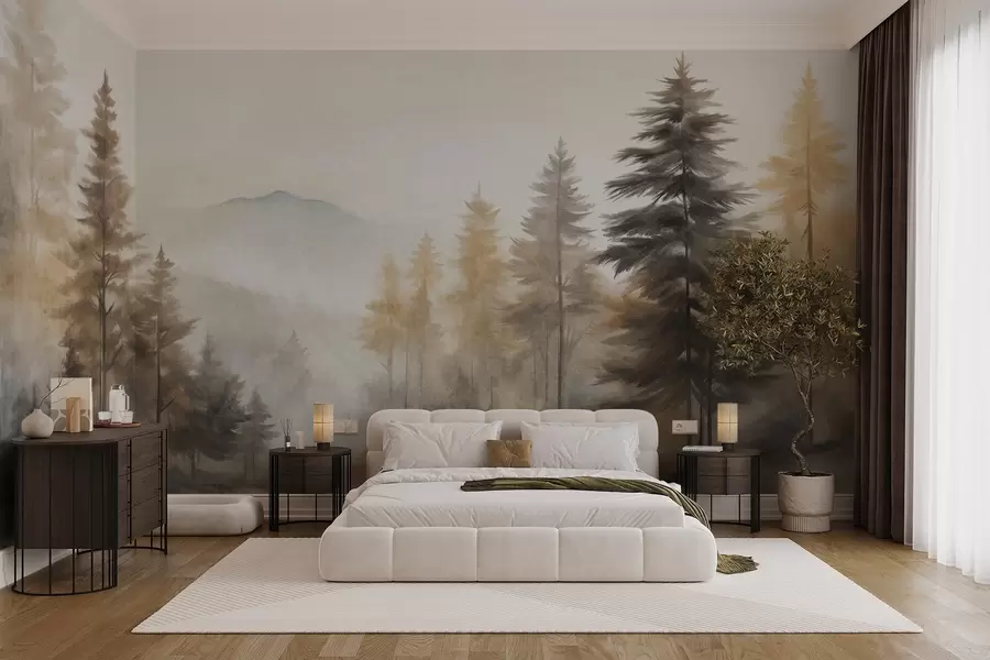 wall murals Текстурирана јесења шума са високим боровима и планинама у позадини, боје су пригушене и земљаног стила сликања w09290