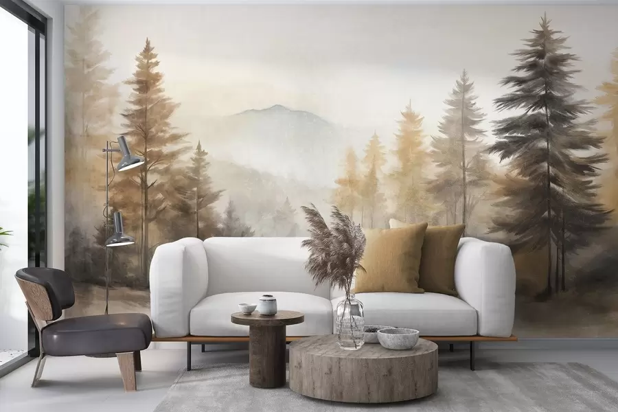 wall murals Текстурирана јесења шума са високим боровима и планинама у позадини, боје су пригушене и земљаног стила сликања w09290