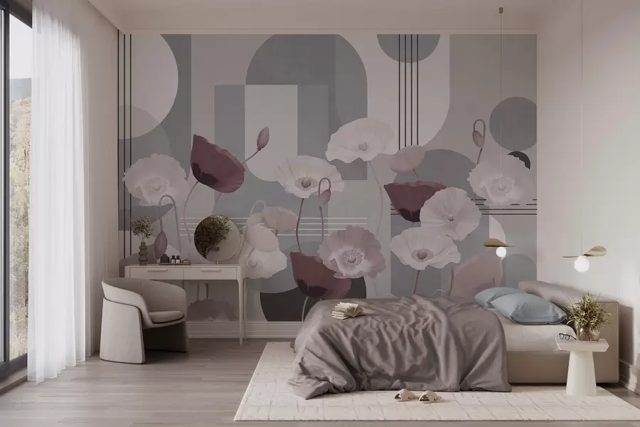 wall murals Макови у белој и сивој боји са геометријским облицима у позадини, круговима и луковима, минималистички стил, меке боје w09289v1
