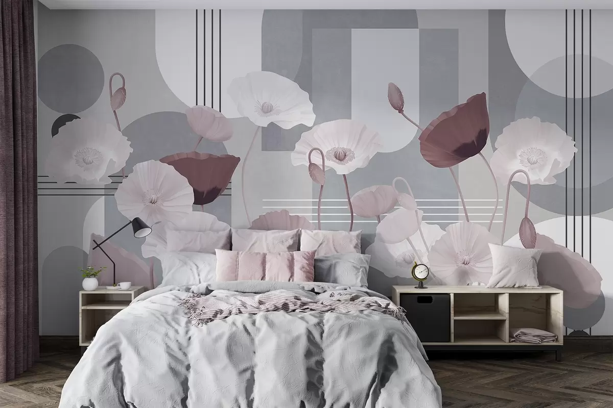 wall murals Макови у белој и сивој боји са геометријским облицима у позадини, круговима и луковима, минималистички стил, меке боје w09289v1