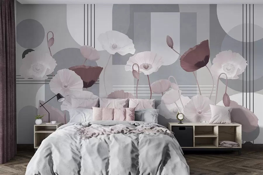 wall murals Макови у белој и сивој боји са геометријским облицима у позадини, круговима и луковима, минималистички стил, меке боје w09289v1