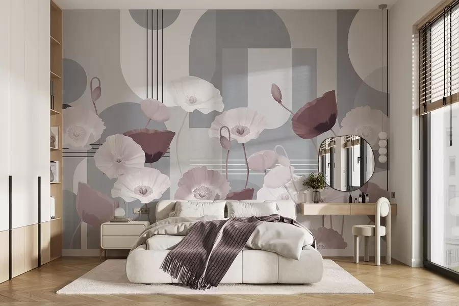 wall murals Макови у белој и сивој боји са геометријским облицима у позадини, круговима и луковима, минималистички стил, меке боје w09289v1