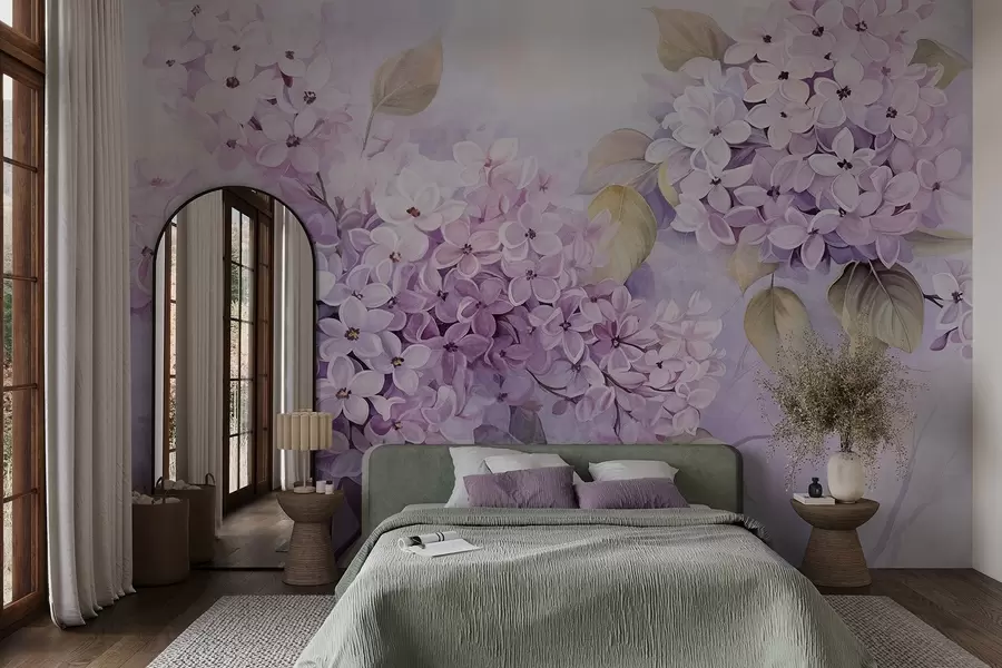 wall murals Лила текстурирано цвеће са светло љубичастим латицама, светло зеленим листовима, акварел стил, меке, пастелне боје, нежни потези четкицом w09291
