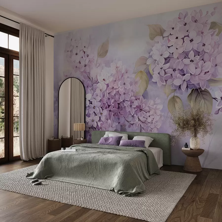 wall murals Лила текстурирано цвеће са светло љубичастим латицама, светло зеленим листовима, акварел стил, меке, пастелне боје, нежни потези четкицом w09291