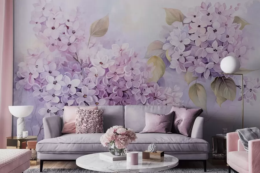 wall murals Лила текстурирано цвеће са светло љубичастим латицама, светло зеленим листовима, акварел стил, меке, пастелне боје, нежни потези четкицом w09291