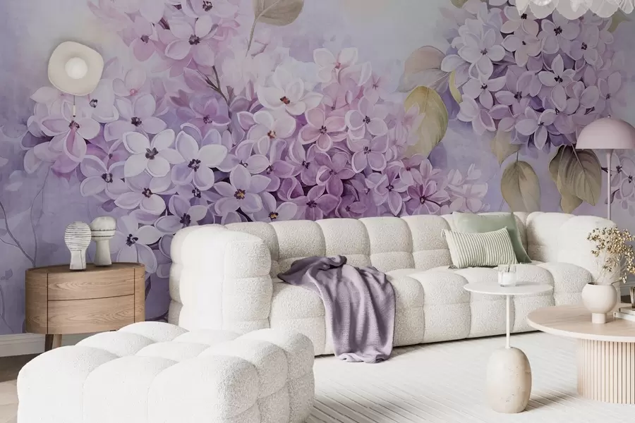 wall murals Лила текстурирано цвеће са светло љубичастим латицама, светло зеленим листовима, акварел стил, меке, пастелне боје, нежни потези четкицом w09291
