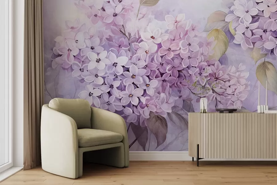 wall murals Лила текстурирано цвеће са светло љубичастим латицама, светло зеленим листовима, акварел стил, меке, пастелне боје, нежни потези четкицом w09291