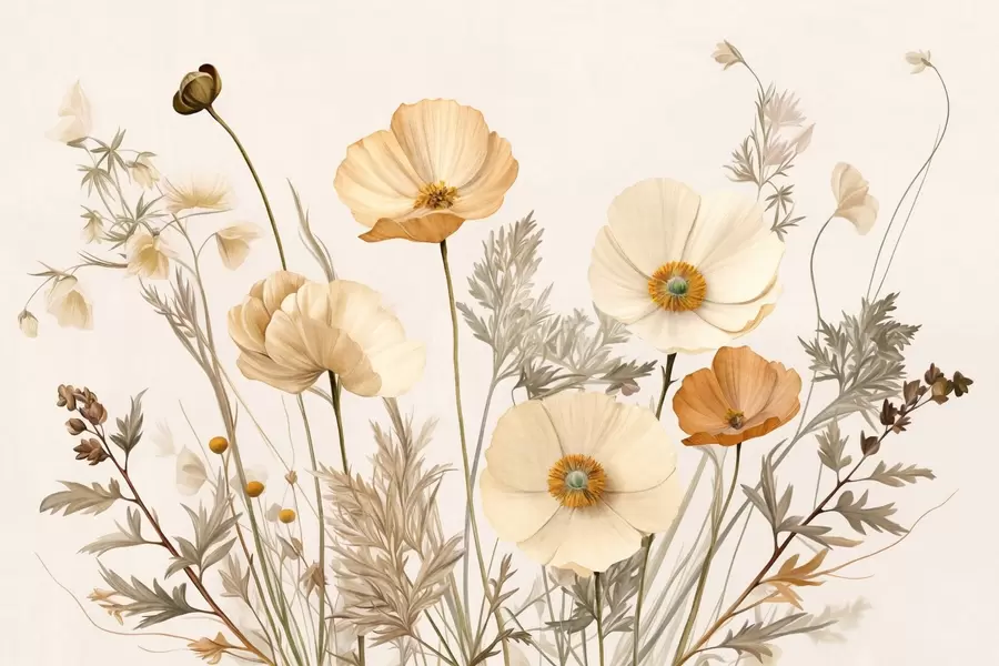 wall murals Наранџасти и бели винтаге текстурирани макови са танким стабљикама и листовима, светло беж позадина, акварел стил w09293