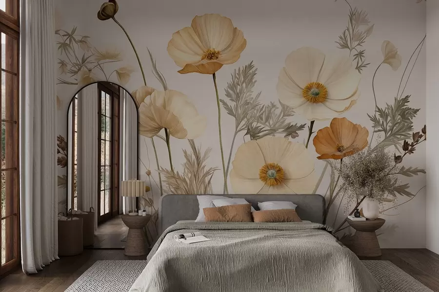 wall murals Наранџасти и бели винтаге текстурирани макови са танким стабљикама и листовима, светло беж позадина, акварел стил w09293