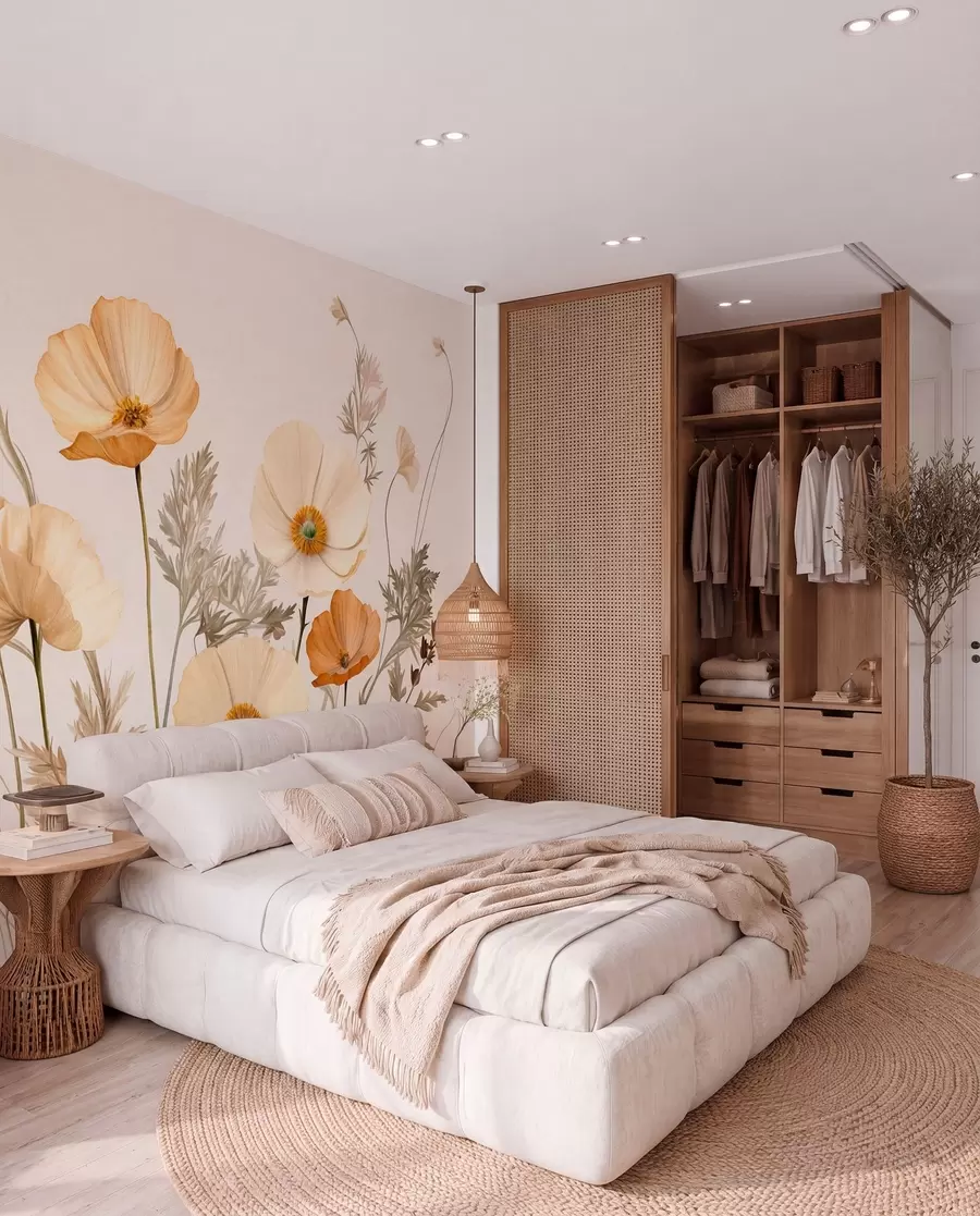 wall murals Наранџасти и бели винтаге текстурирани макови са танким стабљикама и листовима, светло беж позадина, акварел стил w09293