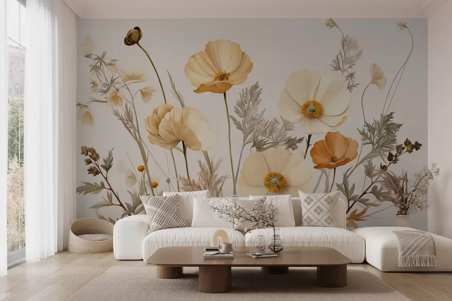 wall murals Наранџасти и бели винтаге текстурирани макови са танким стабљикама и листовима, светло беж позадина, акварел стил w09293