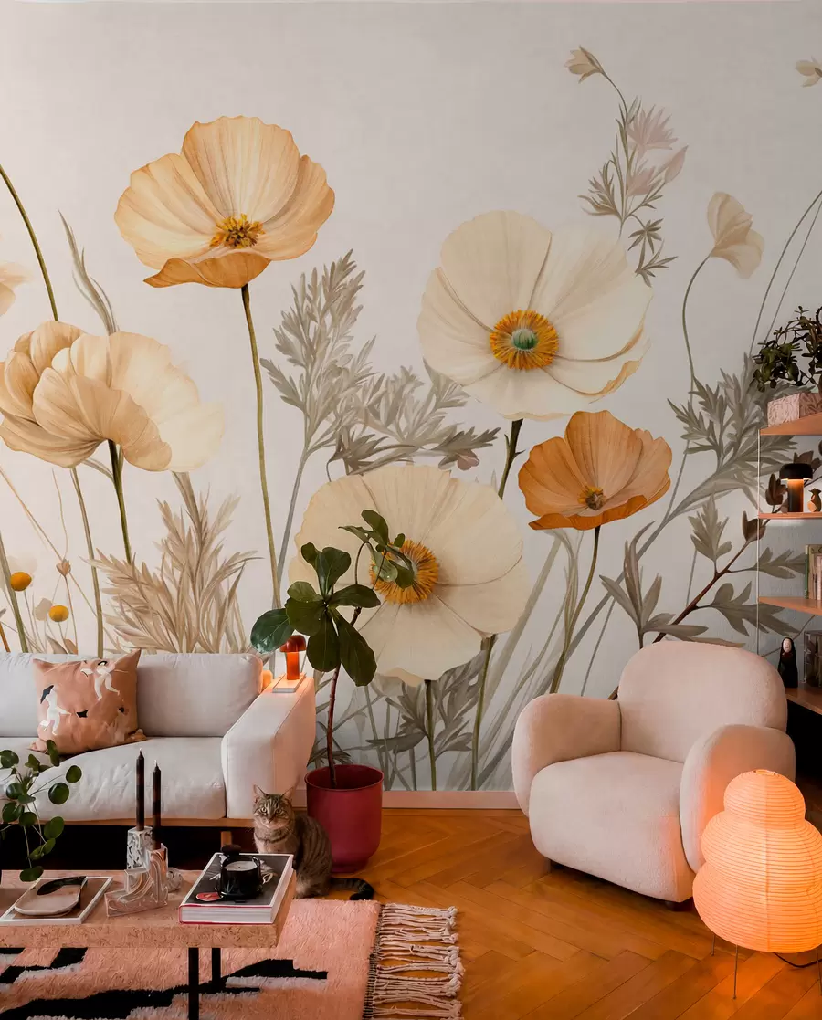wall murals Наранџасти и бели винтаге текстурирани макови са танким стабљикама и листовима, светло беж позадина, акварел стил w09293