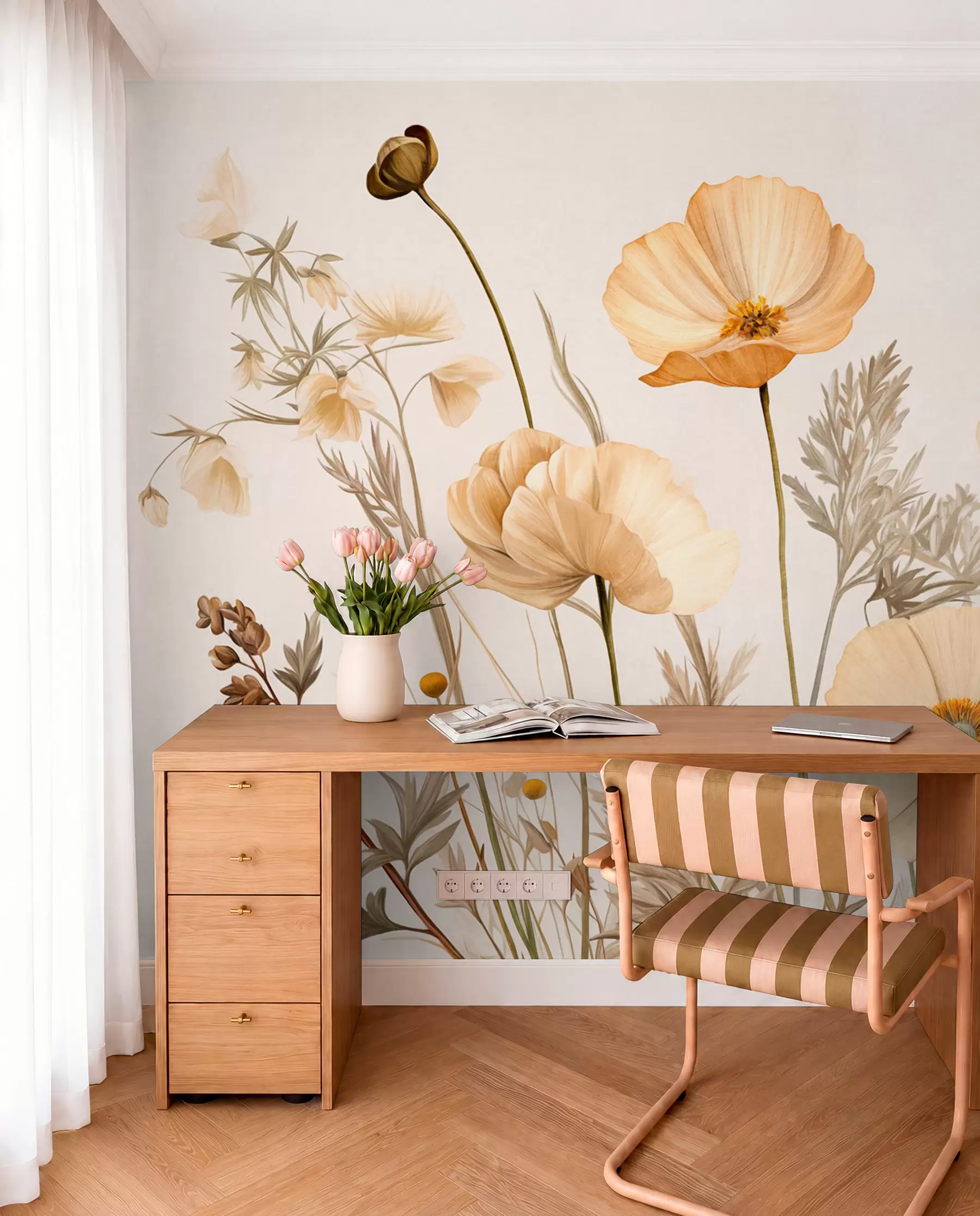 wall murals Наранџасти и бели винтаге текстурирани макови са танким стабљикама и листовима, светло беж позадина, акварел стил w09293