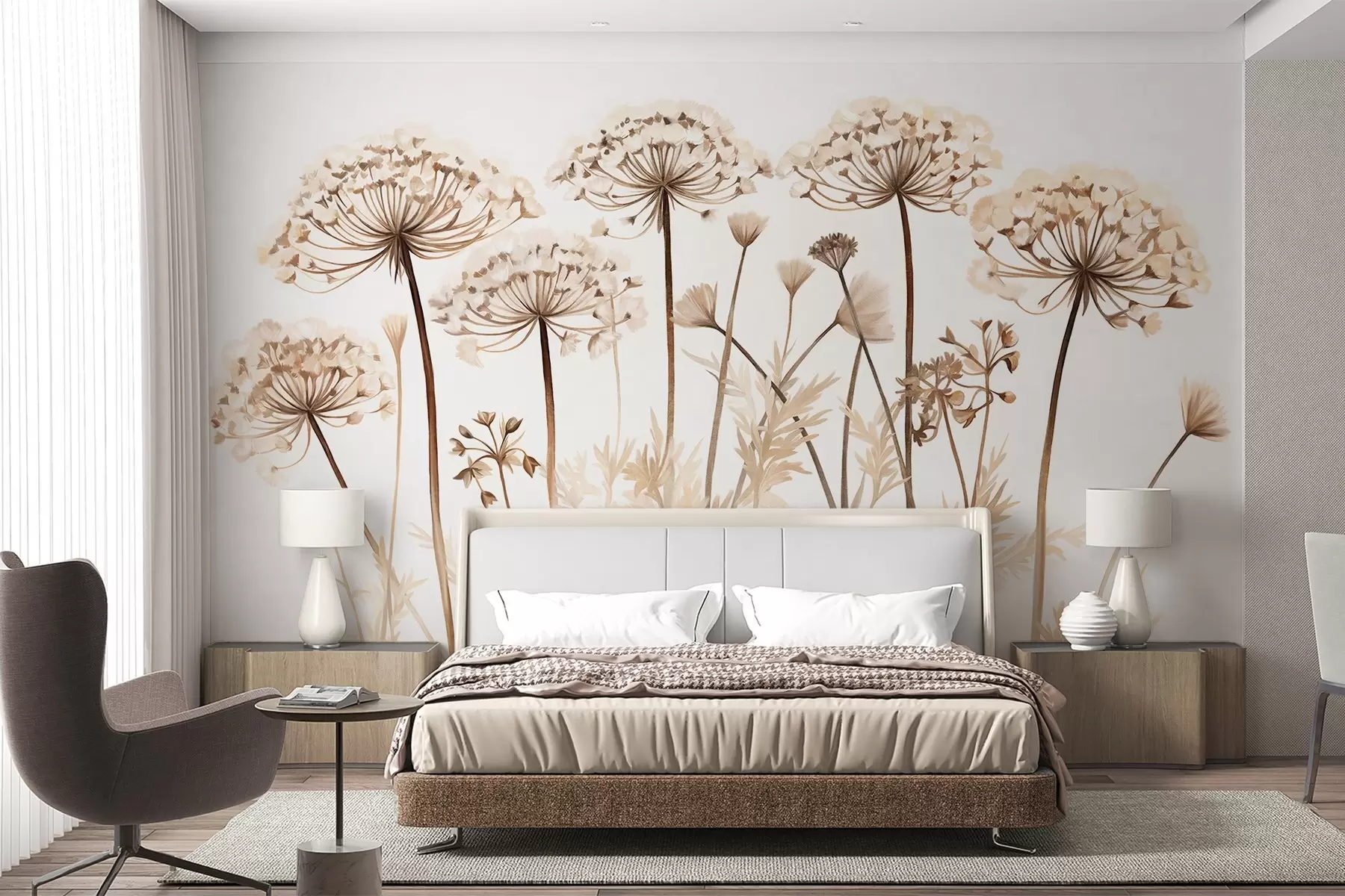 wall murals Цветови чипке краљице Ане у пољу, имитација текстуриране слике, палета боја смеђе, беж и беле, ботаничка илустрација w09294