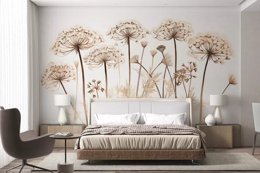 wall murals Цветови чипке краљице Ане у пољу, имитација текстуриране слике, палета боја смеђе, беж и беле, ботаничка илустрација w09294
