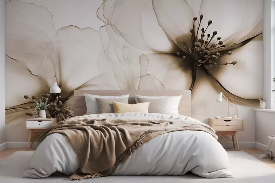 wall murals Два провидна текстурирана смеђа цвета са видљивим прашницима, преклапајућим нежним латицама и меком, текућом текстуром w09295