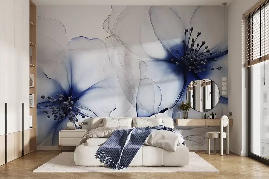 wall murals Два провидна текстурирана плава цвета са видљивим прашницима, преклапајућим нежним латицама и меком, течном текстуром w09295v1
