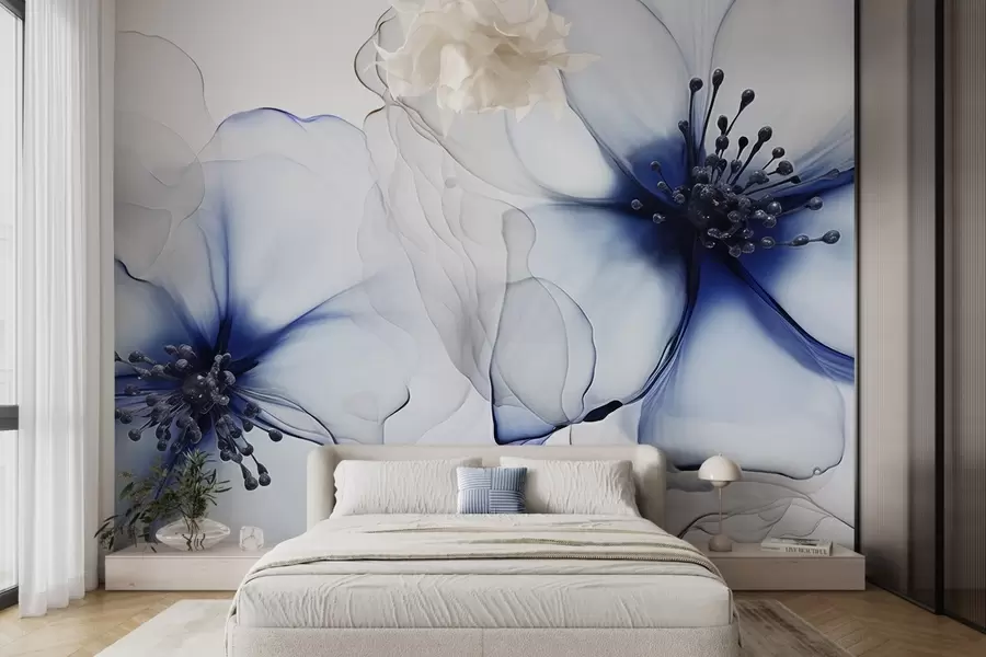 wall murals Два провидна текстурирана плава цвета са видљивим прашницима, преклапајућим нежним латицама и меком, течном текстуром w09295v1