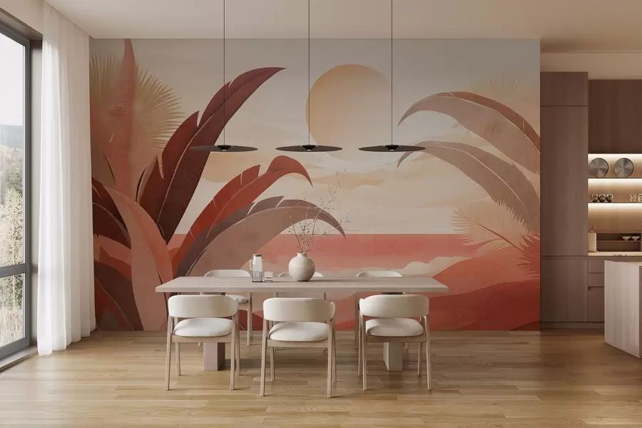 wall murals Тропски текстурирани апстрактни пејзаж са палминим листовима и великим сунцем на небу, топла палета боја, минималистички стил, стилизован w09296