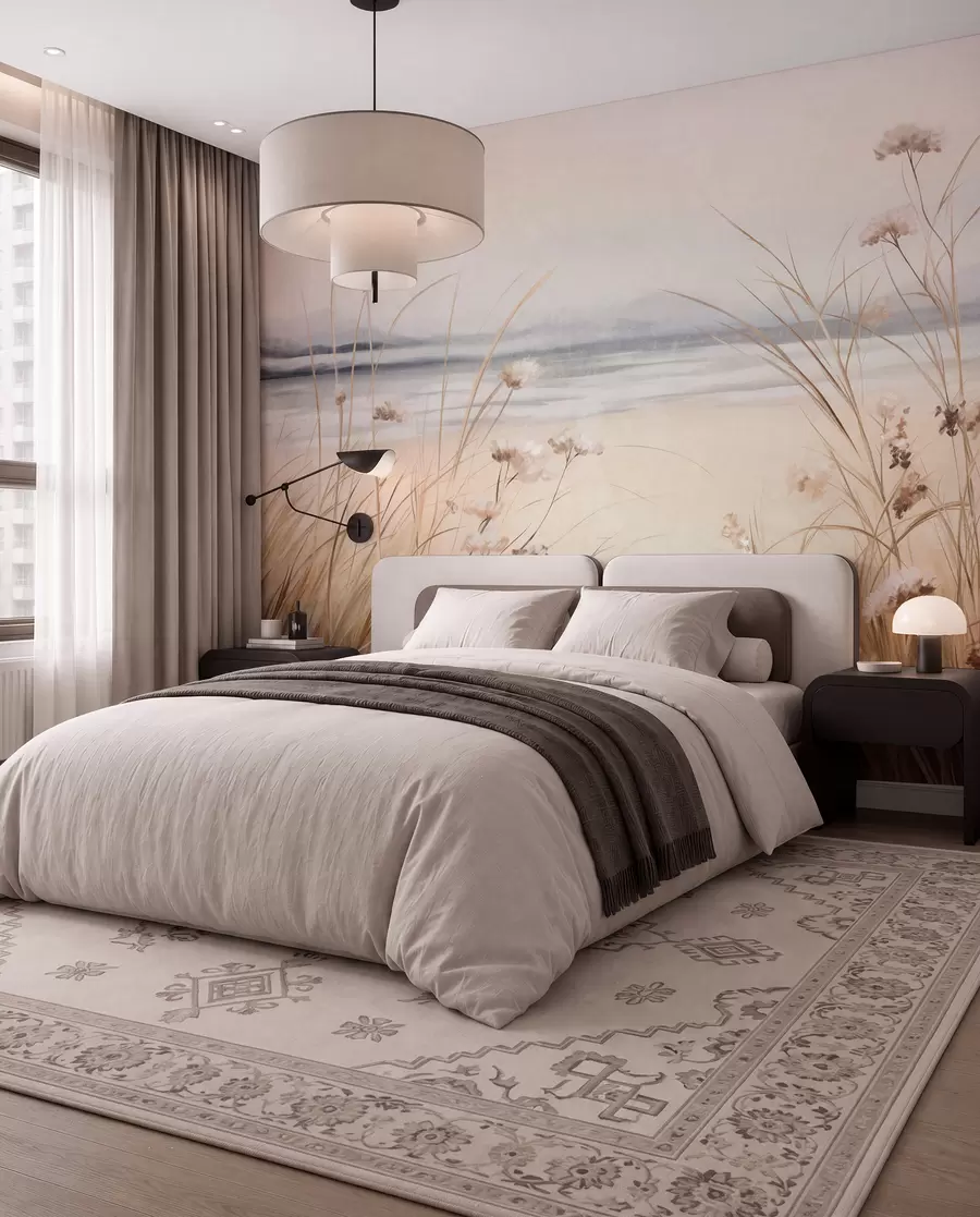 wall murals Поље пшенице са белим цвећем у првом плану, плажа и океан у позадини, неутралне пастелне пригушене боје w09298