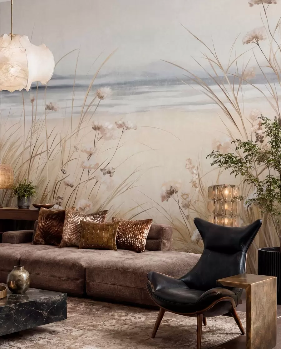 wall murals Поље пшенице са белим цвећем у првом плану, плажа и океан у позадини, неутралне пастелне пригушене боје w09298