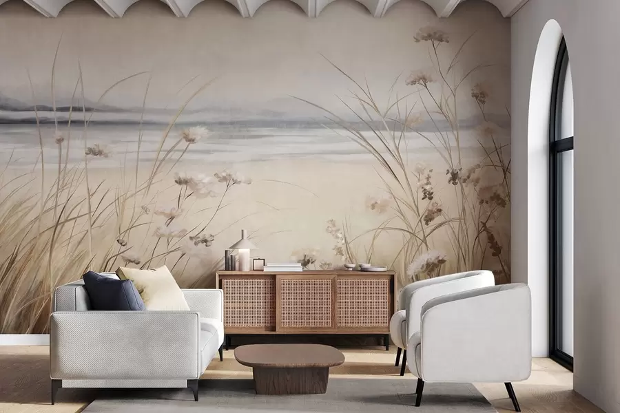 wall murals Поље пшенице са белим цвећем у првом плану, плажа и океан у позадини, неутралне пастелне пригушене боје w09298