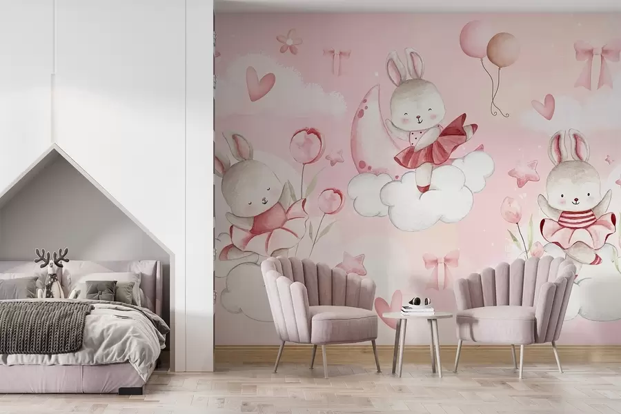wall murals Зечеви у ружичастим балетским хаљинама на облацима w04333