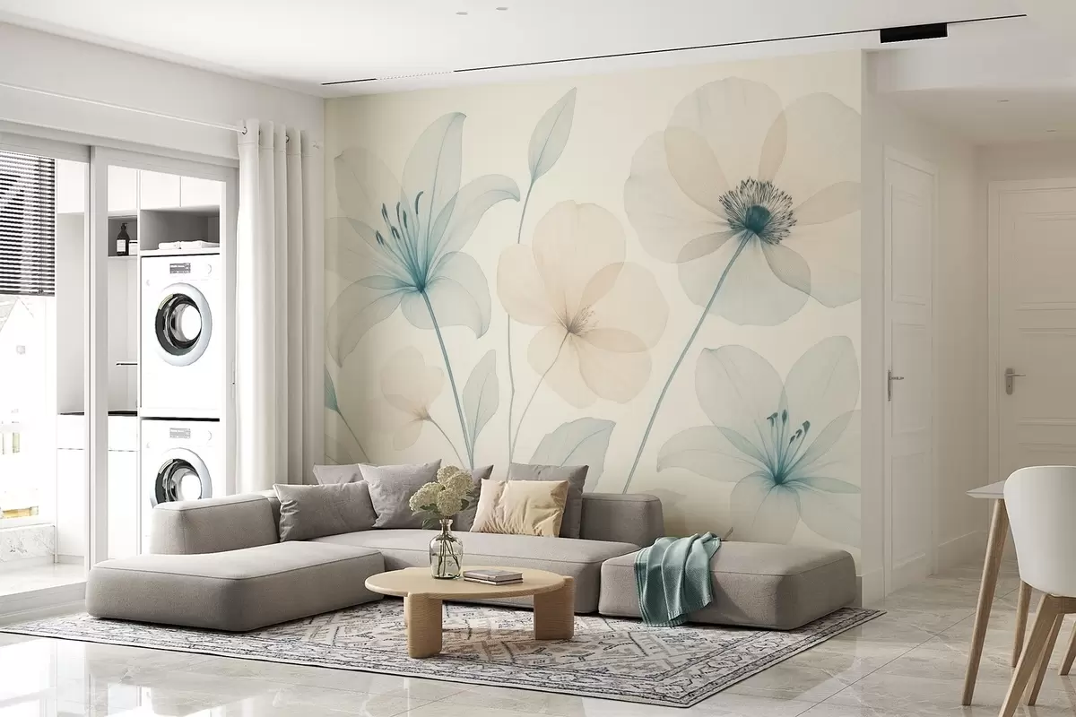wall murals Нежно цвеће у пастелно плавом и кремастом акварел стилу w09287