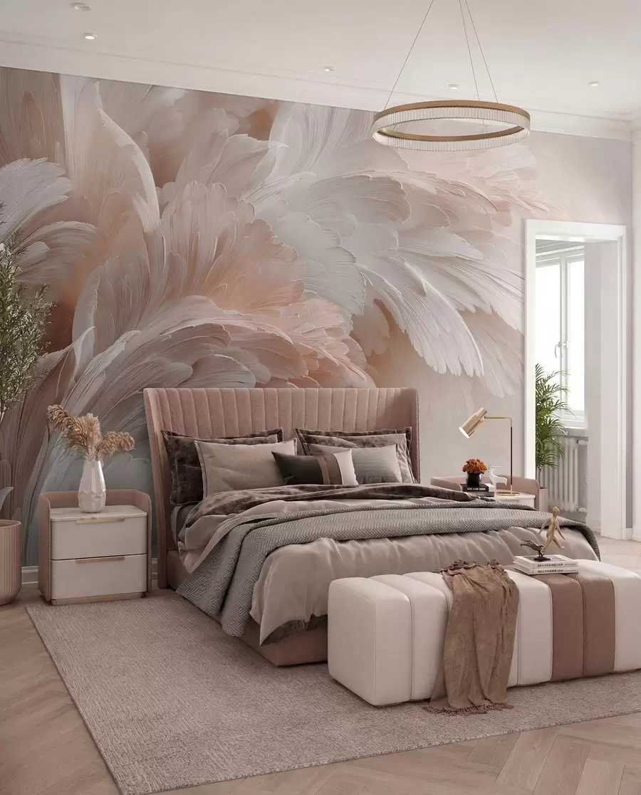 wall murals Прозрачно перје и латице у кремасто ружичастим нијансама w09301