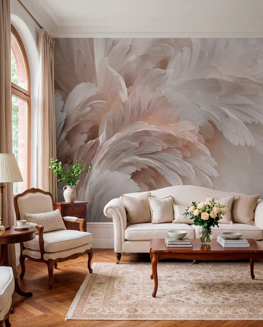 wall murals Прозрачно перје и латице у кремасто ружичастим нијансама w09301