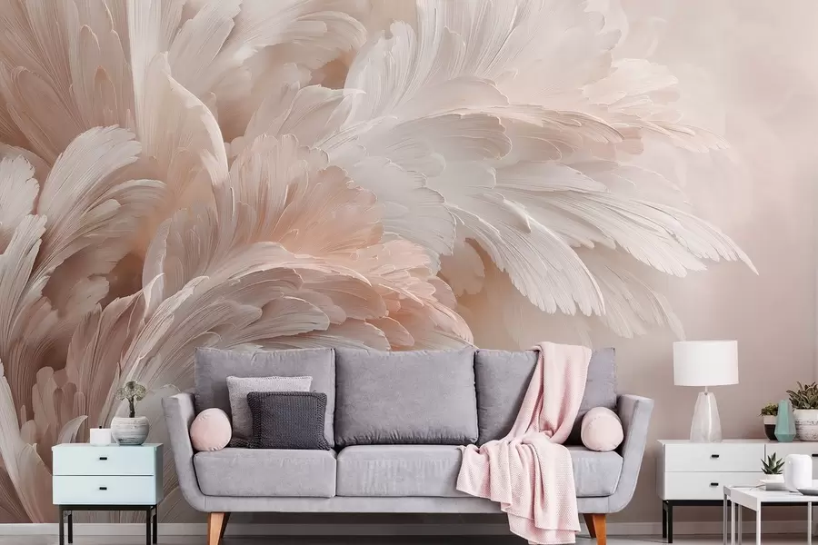 wall murals Прозрачно перје и латице у кремасто ружичастим нијансама w09301