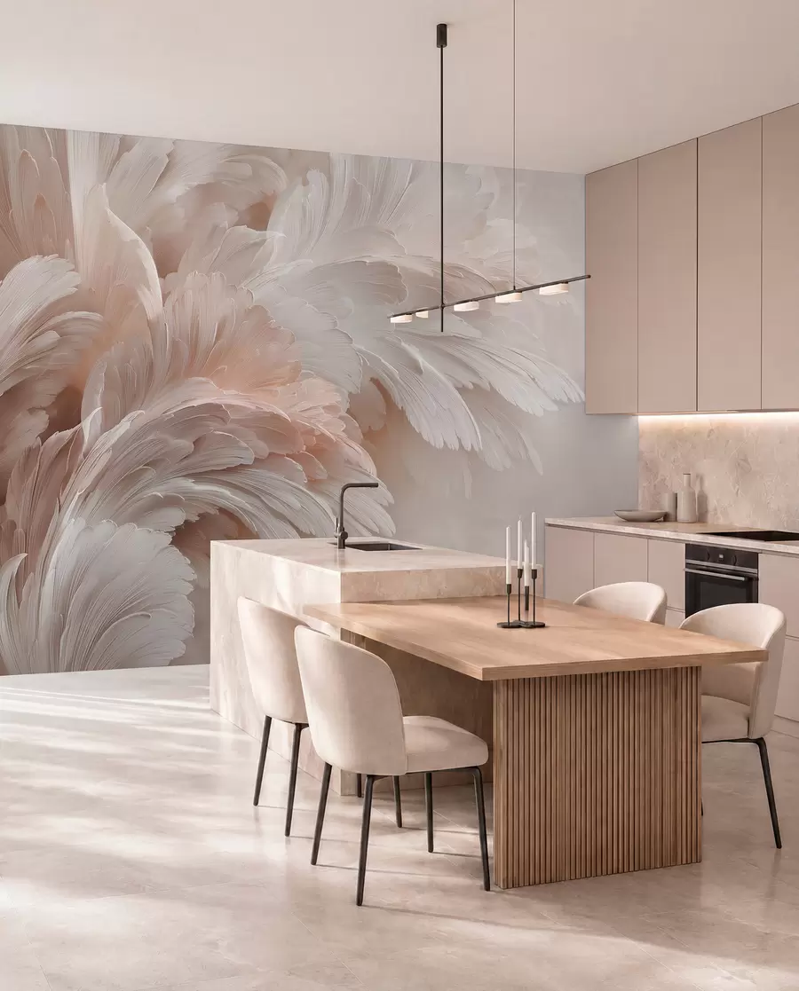 wall murals Прозрачно перје и латице у кремасто ружичастим нијансама w09301