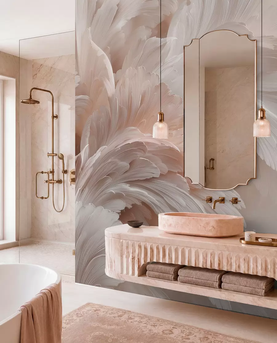 wall murals Прозрачно перје и латице у кремасто ружичастим нијансама w09301