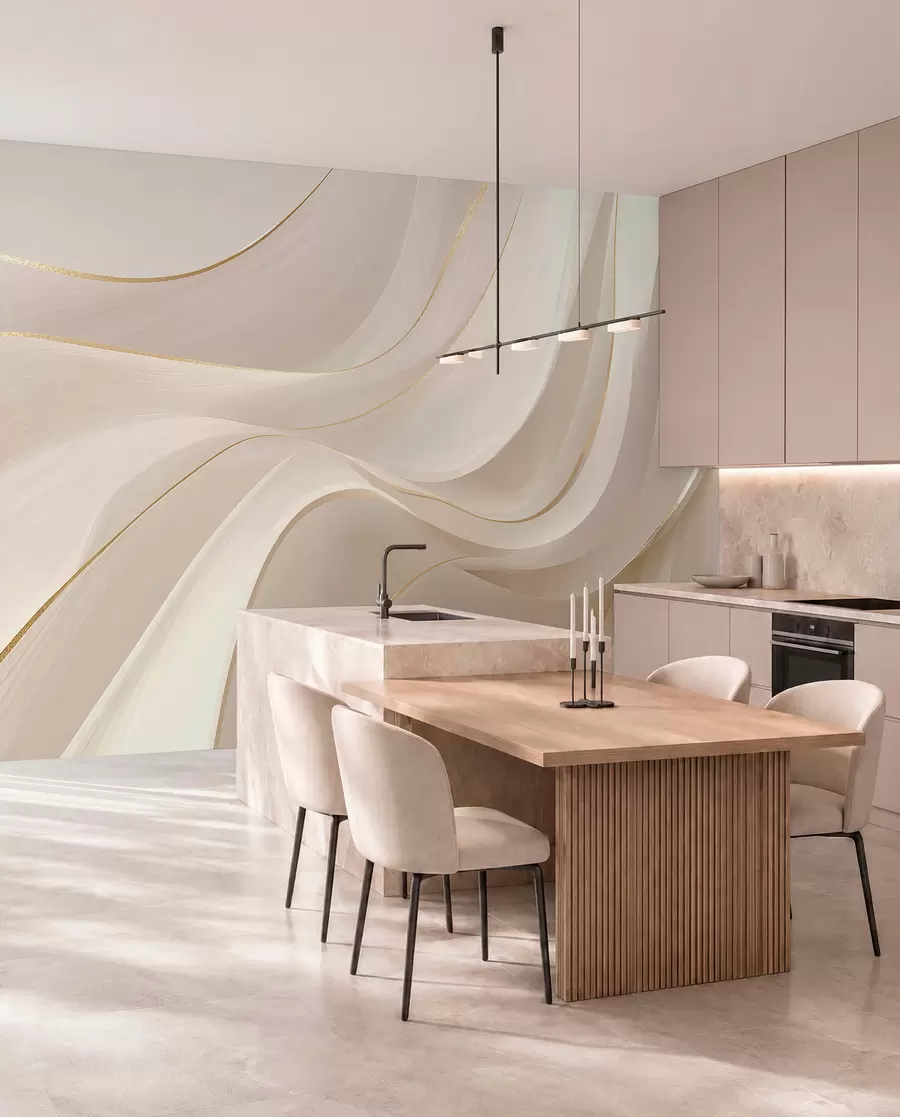 wall murals Течни таласи са жутим акцентима у кремастом светлу w09303
